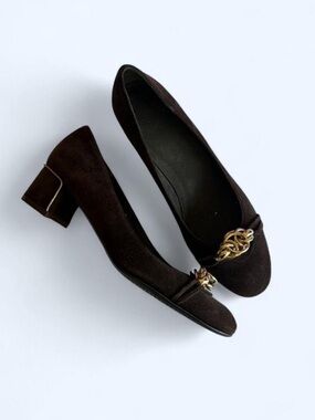 Stuart Weitzman Vintage Brown Suede Gold Block Heel Loafers